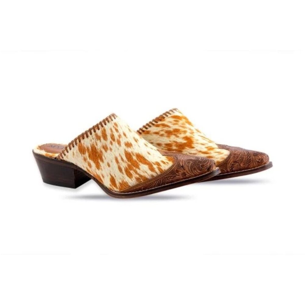 NWT WESTERN TOOLED LEATHER COWHIDE MULES